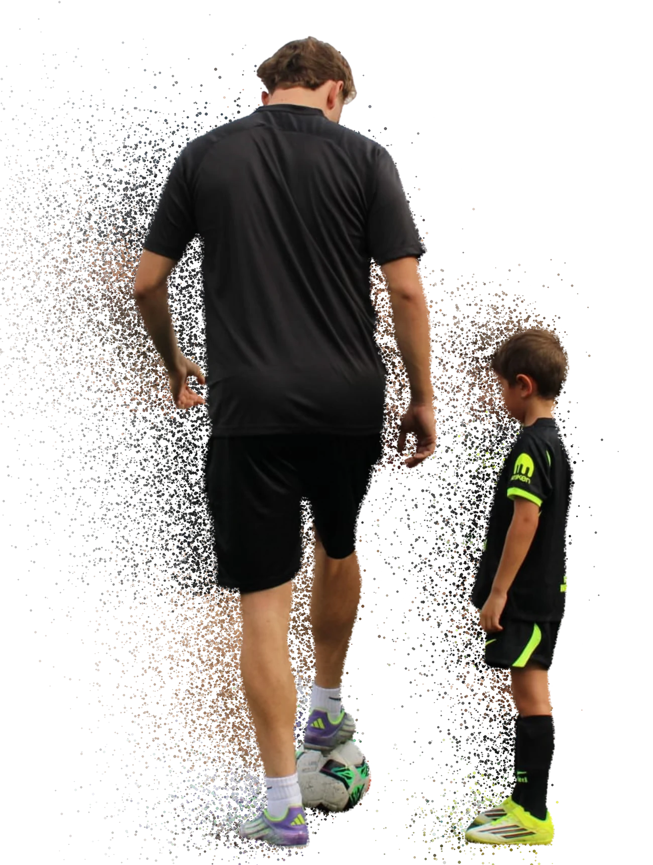 Entrenador de High Tech Fútbol con un niño y un balón, con efecto de partículas