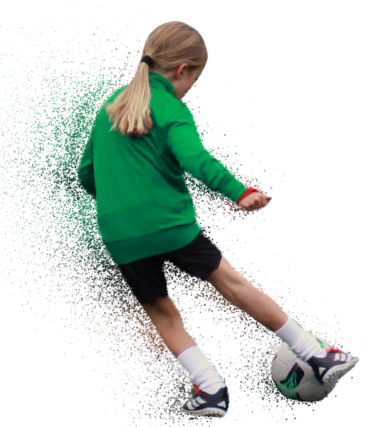 Niña de High Tech Fútbol golpeando el balón, con efecto de partículas