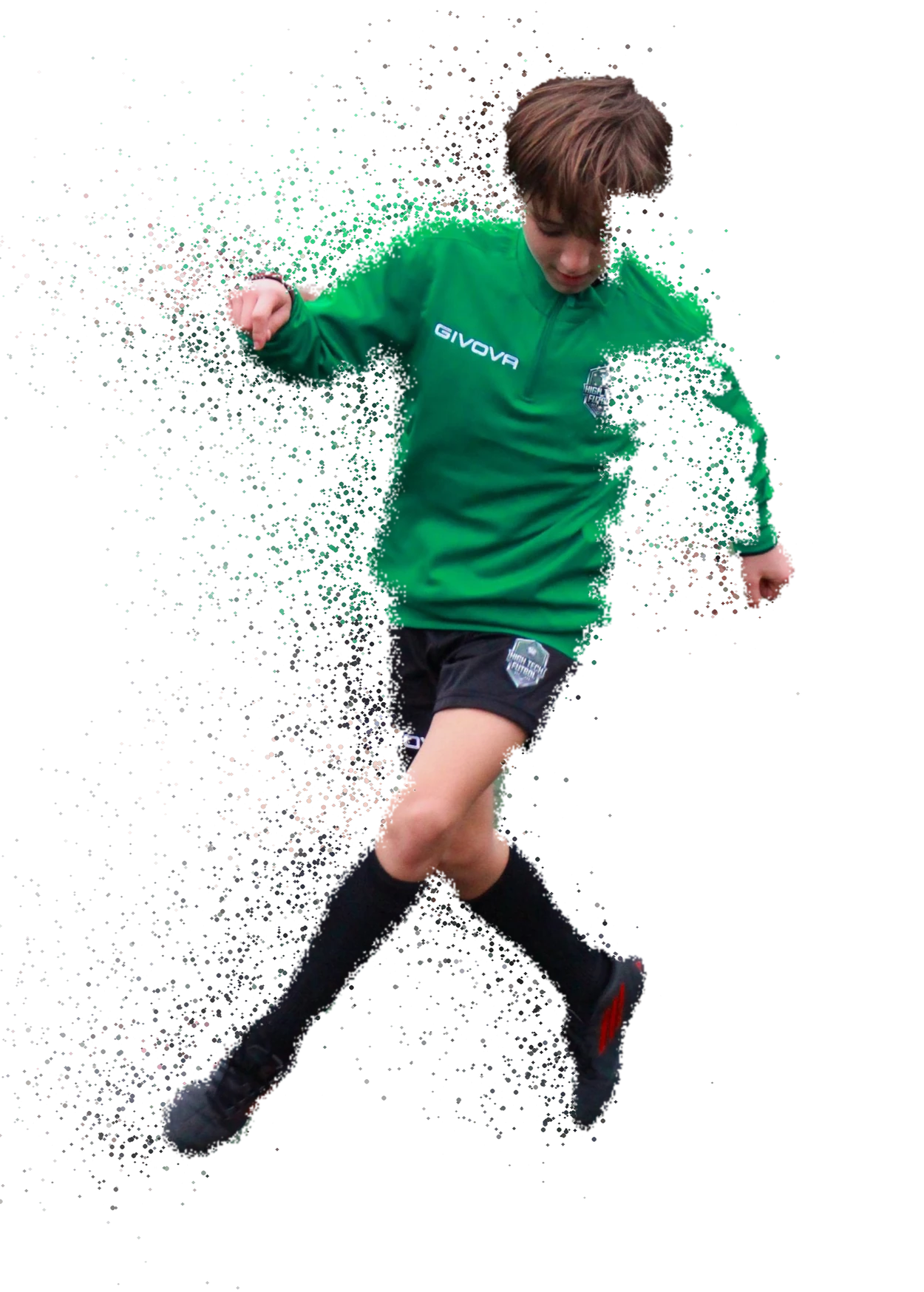 Jugador de High Tech Fútbol regateando con un balón rosa, con efecto de partículas