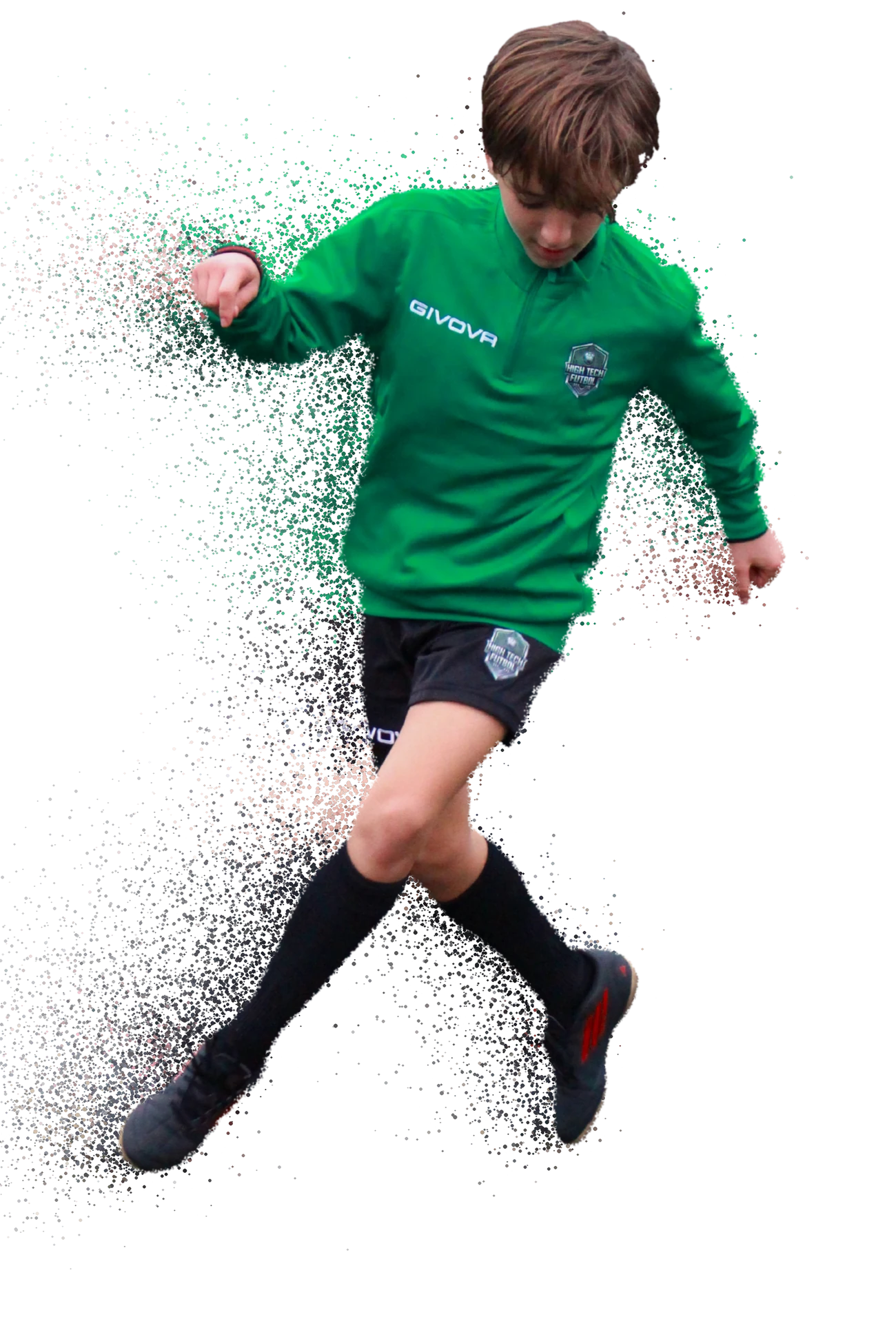 Jugador de High Tech Fútbol regateando con un balón rosa, con efecto de partículas